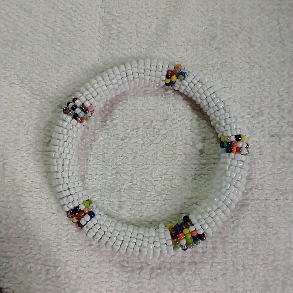 White seed bead beaded Bangle bracelet Zulu tribal multi colored